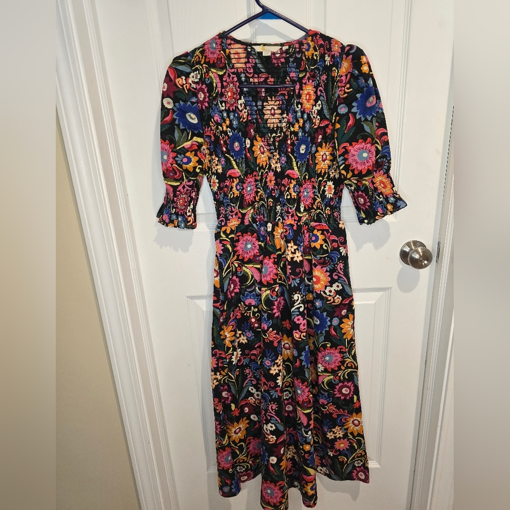 Boden Smocked Bodice Ruched Sleeves Mini Dress Black, Gardenia Pop 2 Regular - Picture 4 of 12